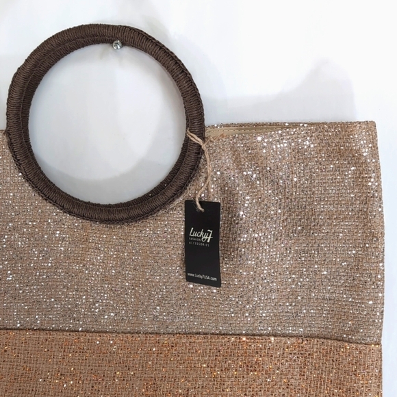 NWT Jute Lucky 7 Gold Glitter Bling Tote / Beach Bag / Travel Bag Round Handles - Picture 4 of 10